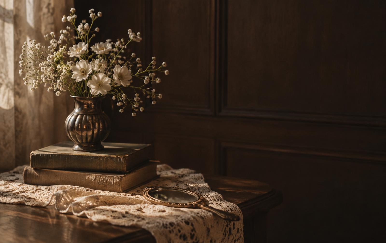 Wildflowers, old books and a gilt mirror in evening light